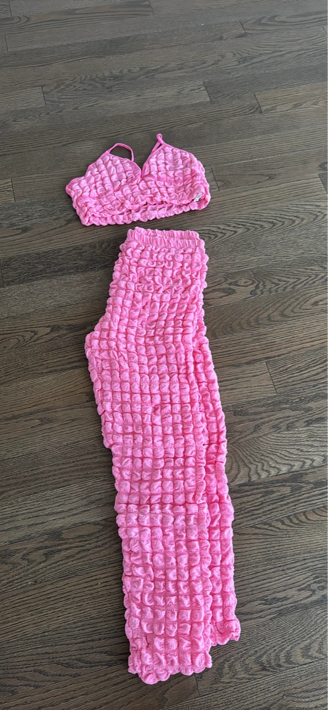 Pink Textured Crop Top & Pants Set