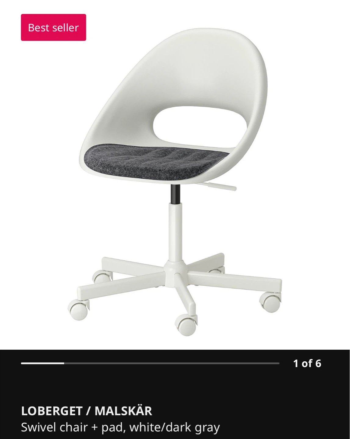 Ikea , LOBERGET / MALSKÄR Swivel Chair - White/Dark Gray
