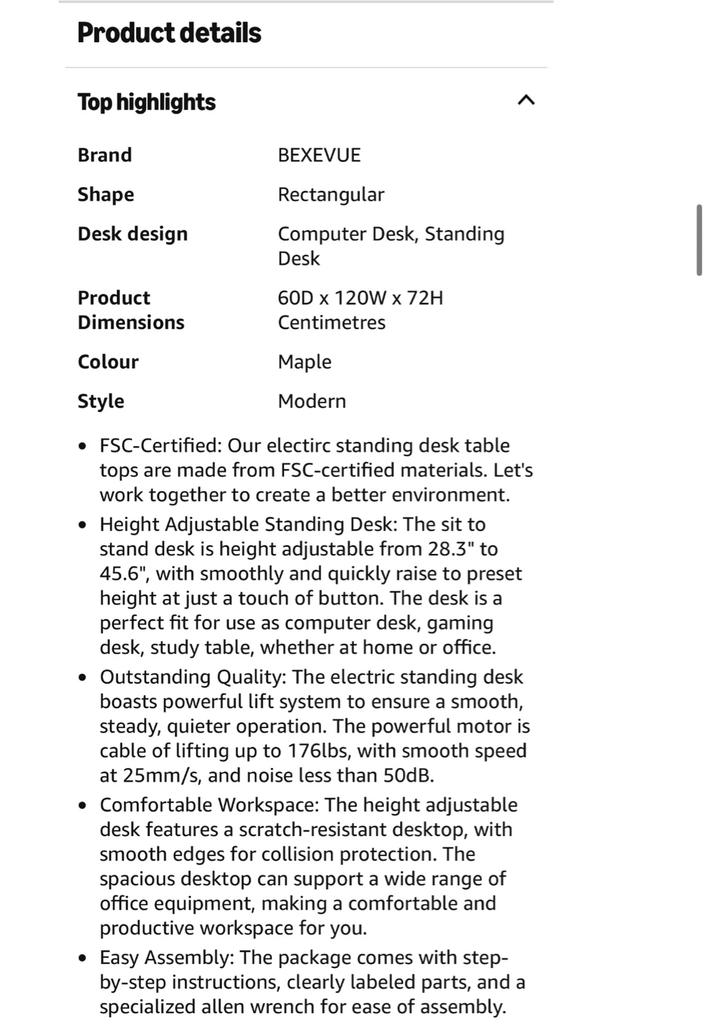 BEXEVUE 47x24 Inch Electric Standing Desk - Maple - photo 3