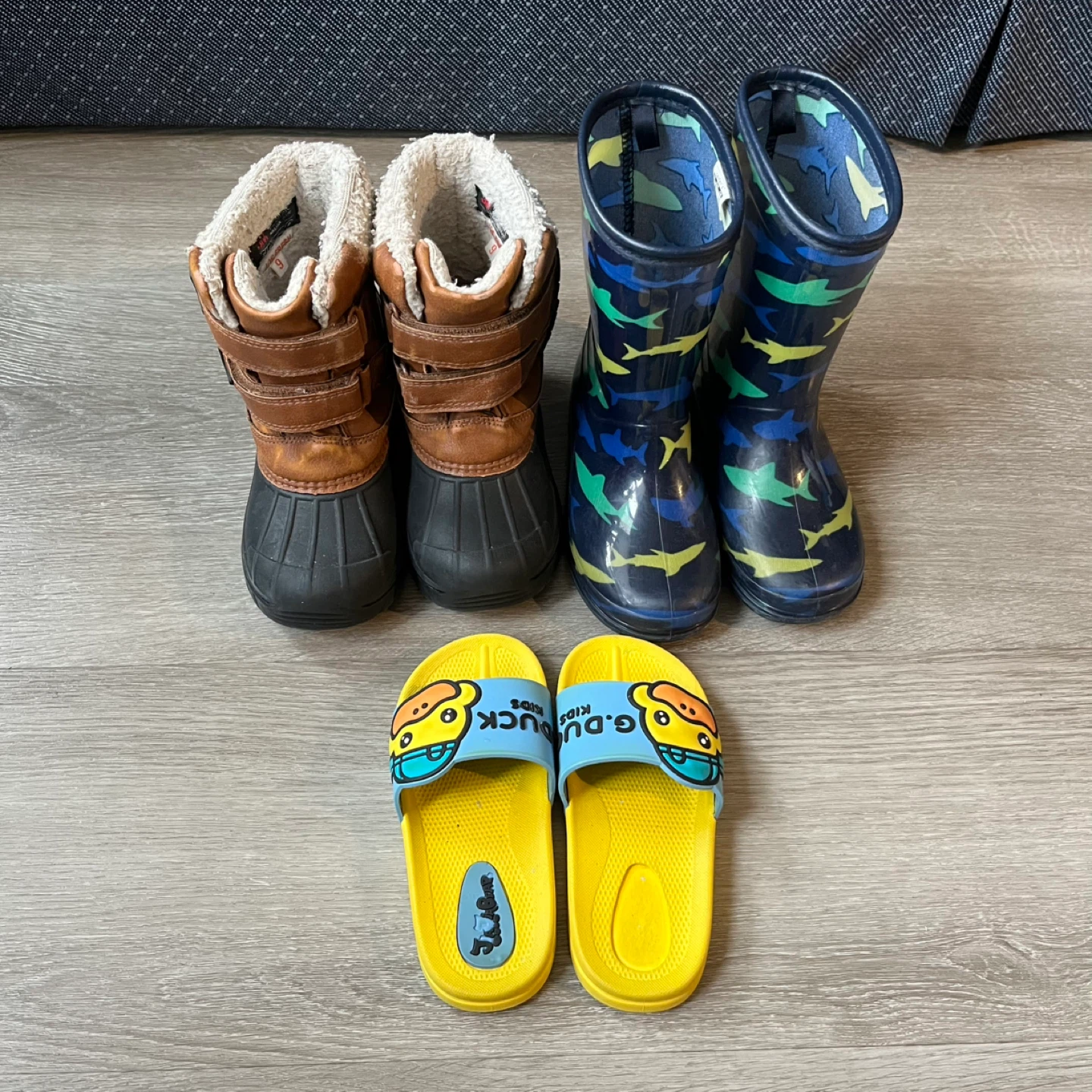 Kids winter boots, rain boots, and slippers