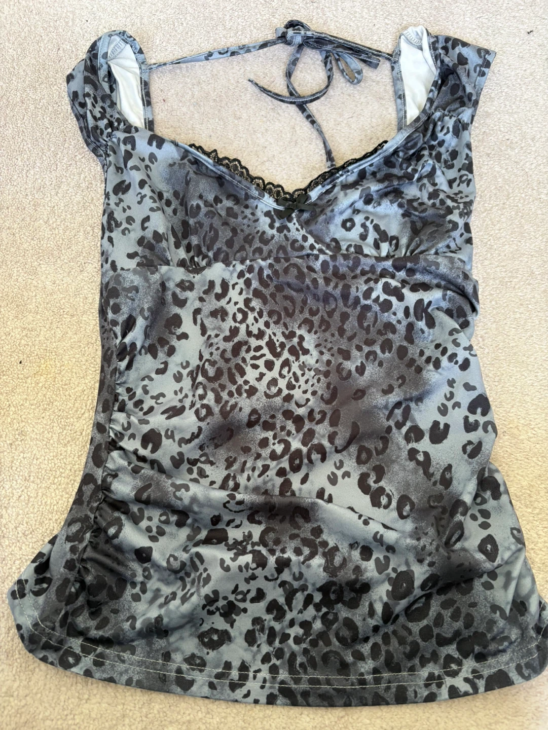 Grey and Black Leopard Print Ruched Cami Top