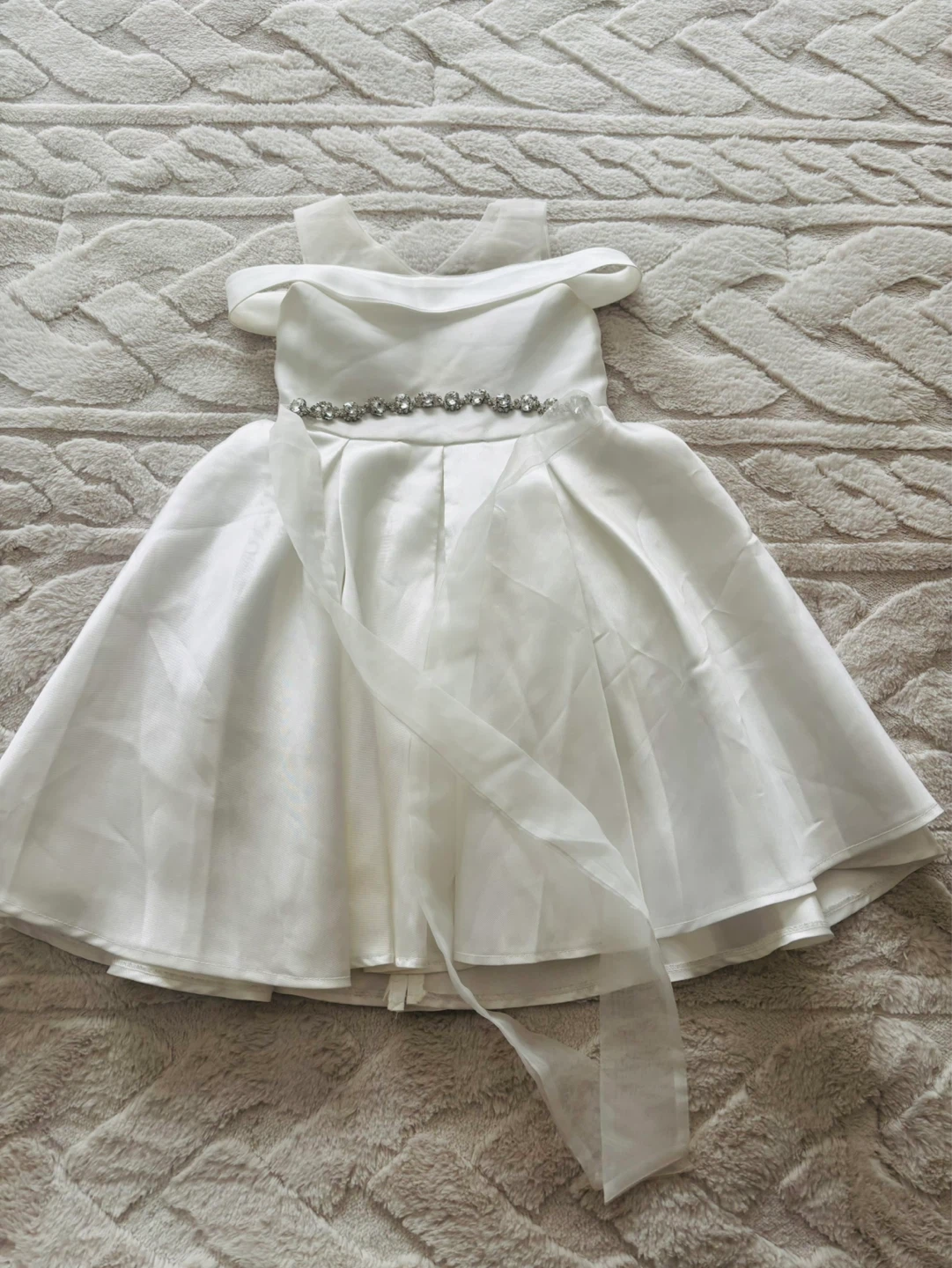 White Off-the-Shoulder Dress with Beaded Belt