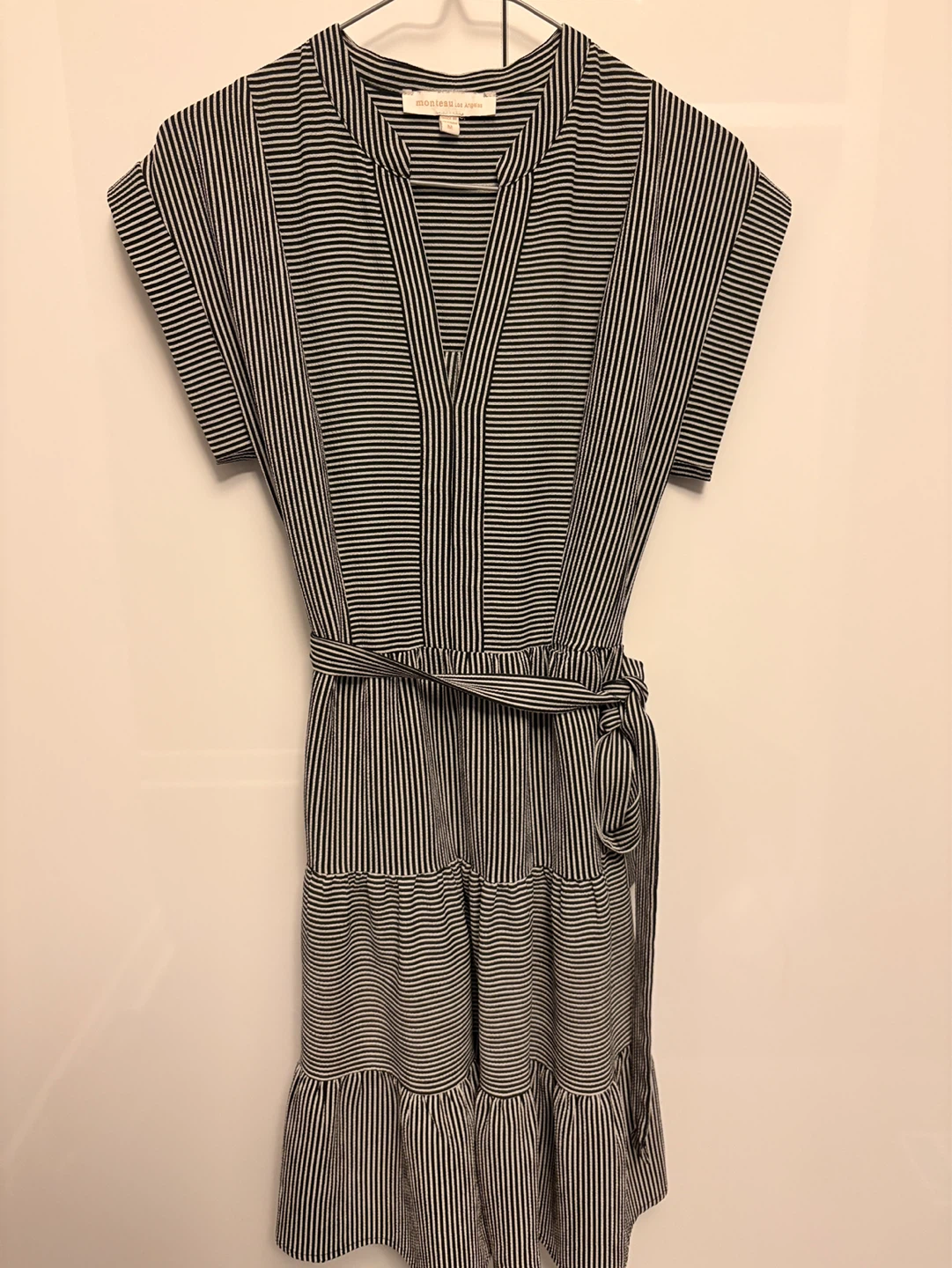 Monteau Black & White Striped Tiered Midi Dress Size M - photo 3