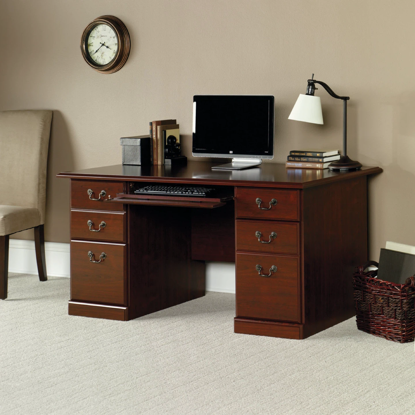Cherry Finish Executive Desk with Keyboard Tray