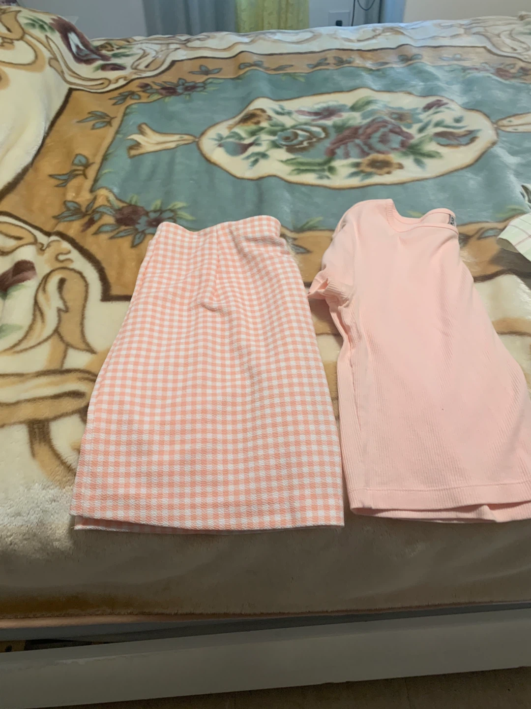 Pink Gingham Skirt and Ribbed T-Shirt Set