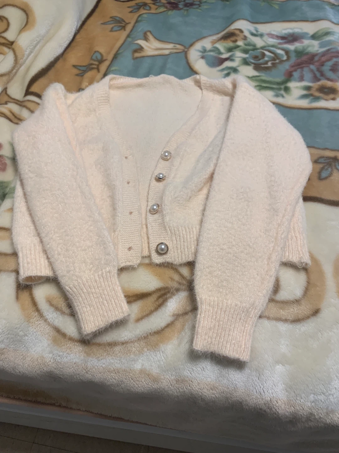 Cream Fuzzy Cardigan with Pearl Buttons