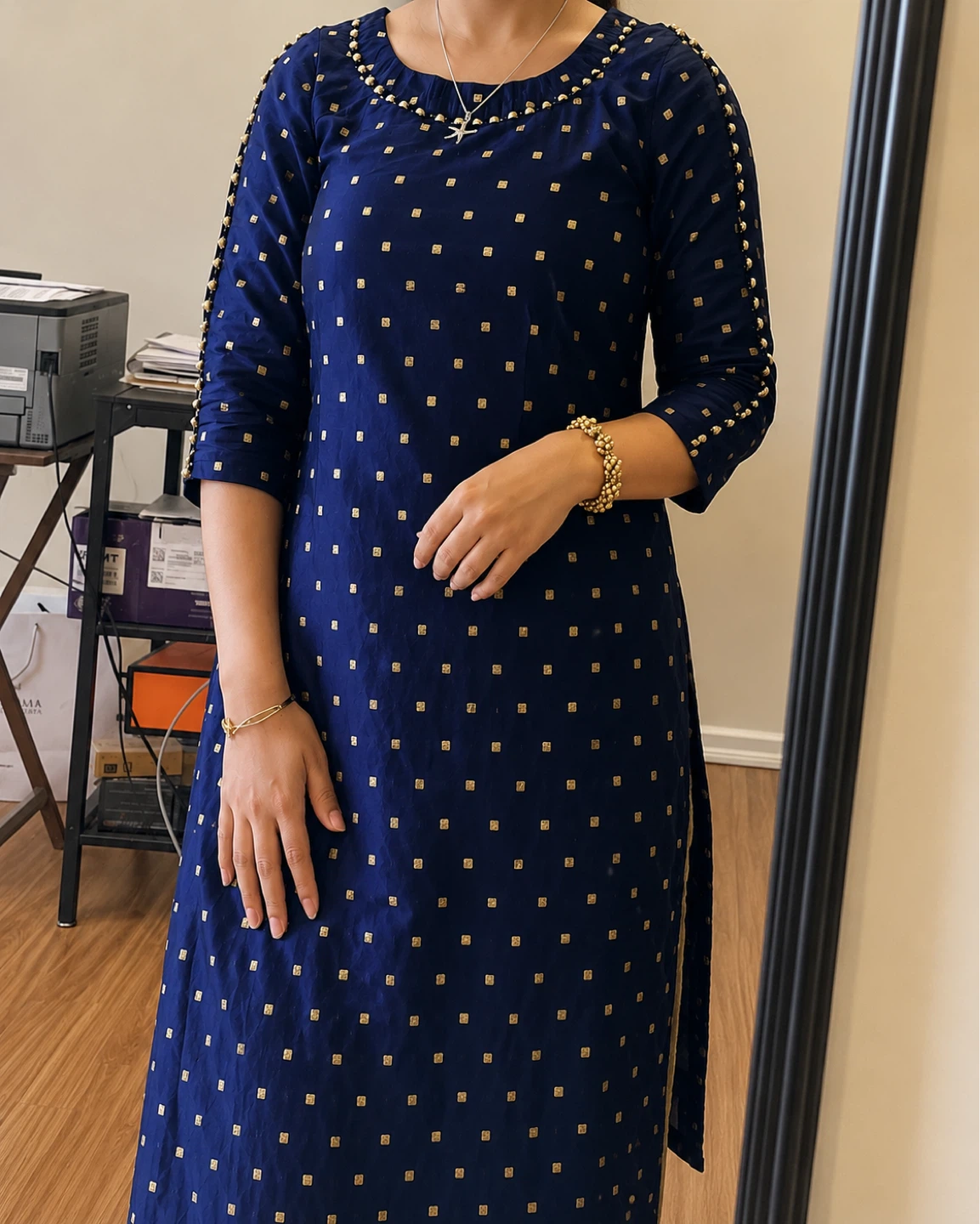 Blue Kurta with Gold Square Print and Embellished Neckline