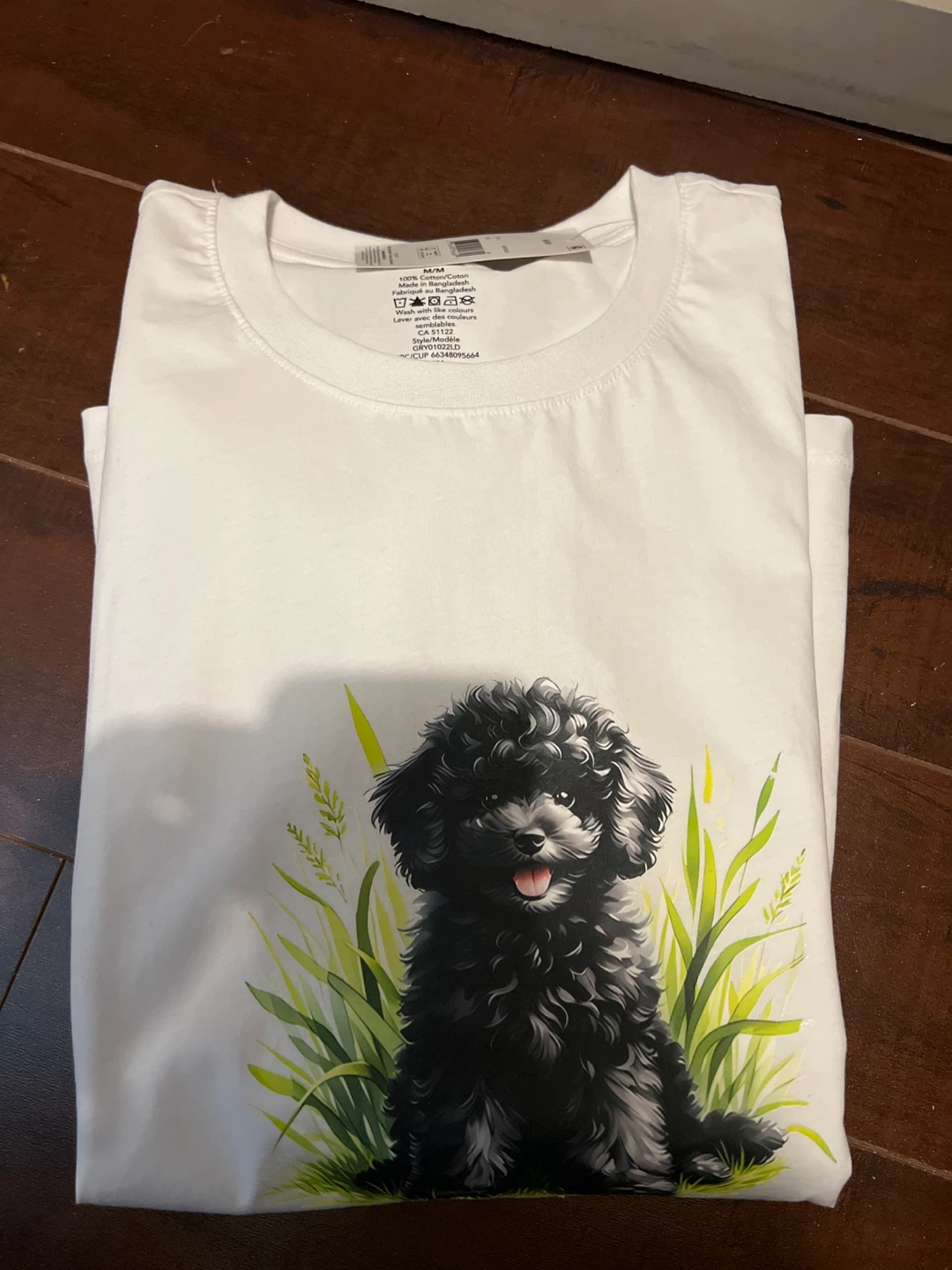 White T-Shirt with Black Poodle Graphic - Medium