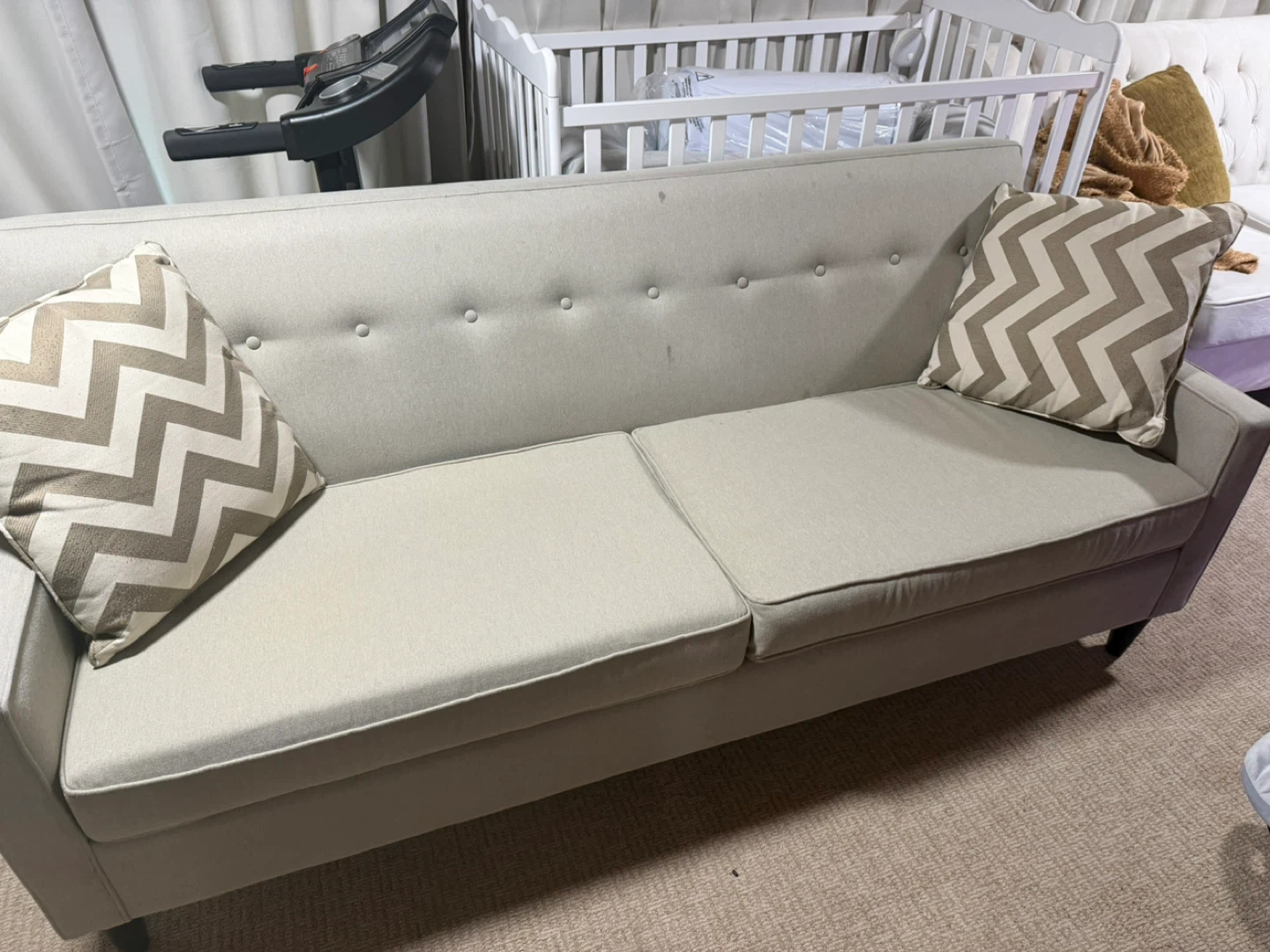 Light Grey Tufted Sofa with Accent Pillows