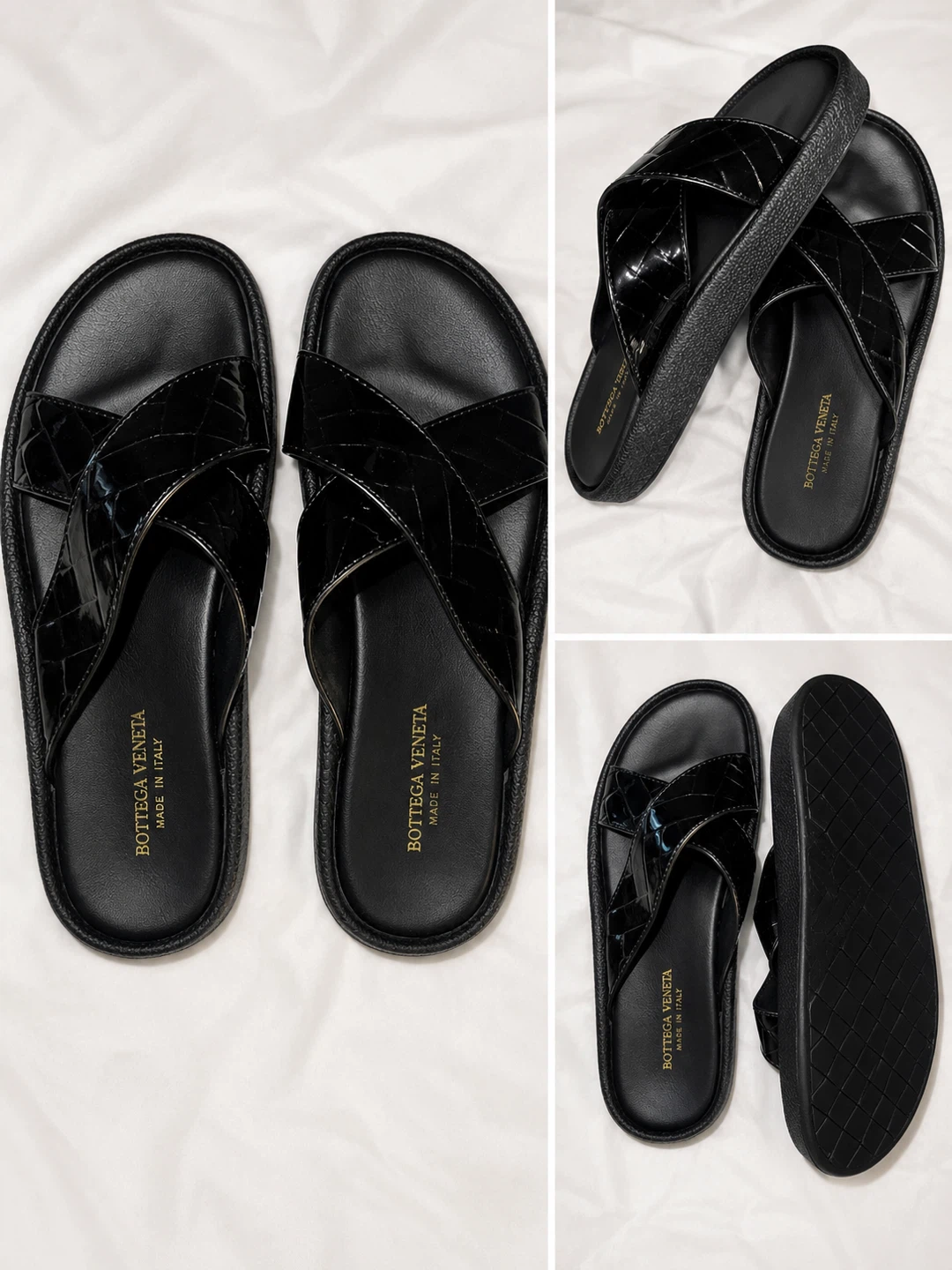 Bottega Veneta Black Embossed Leather Slides