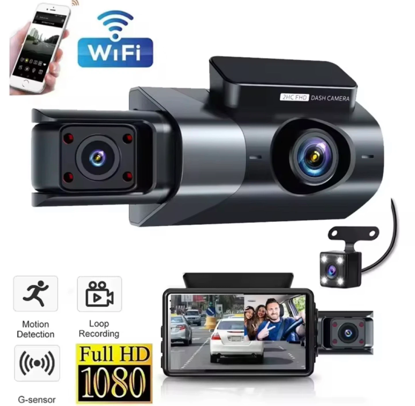 3-Channel  FHD Car Dash Cam with WiFi