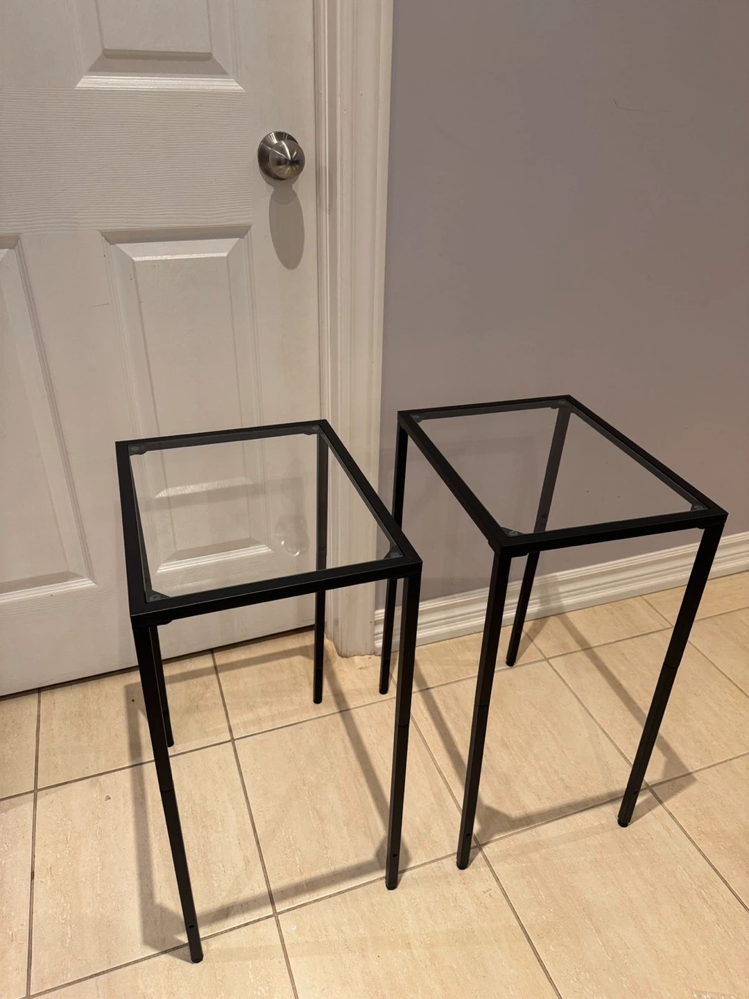 Pair of Black Metal Frame Side Tables with Glass Tops