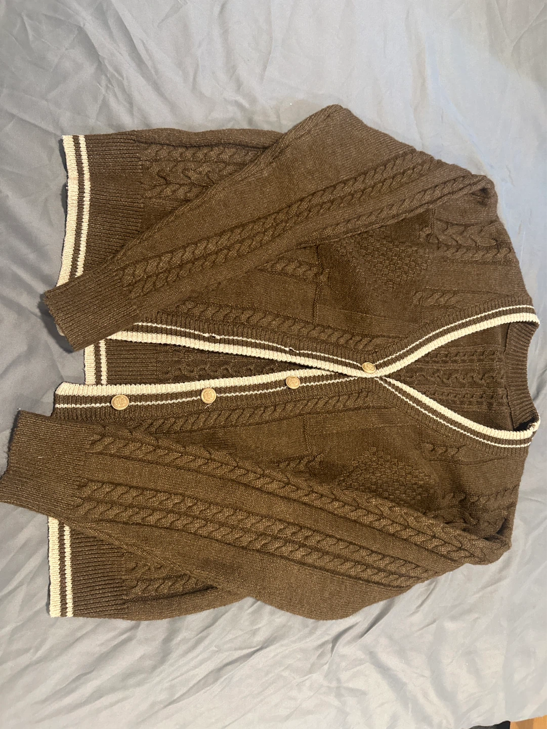 Brown Cable Knit Cardigan with White Trim