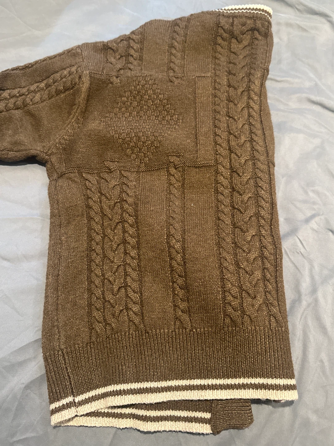 Brown Cable Knit Cardigan with White Trim - photo 4