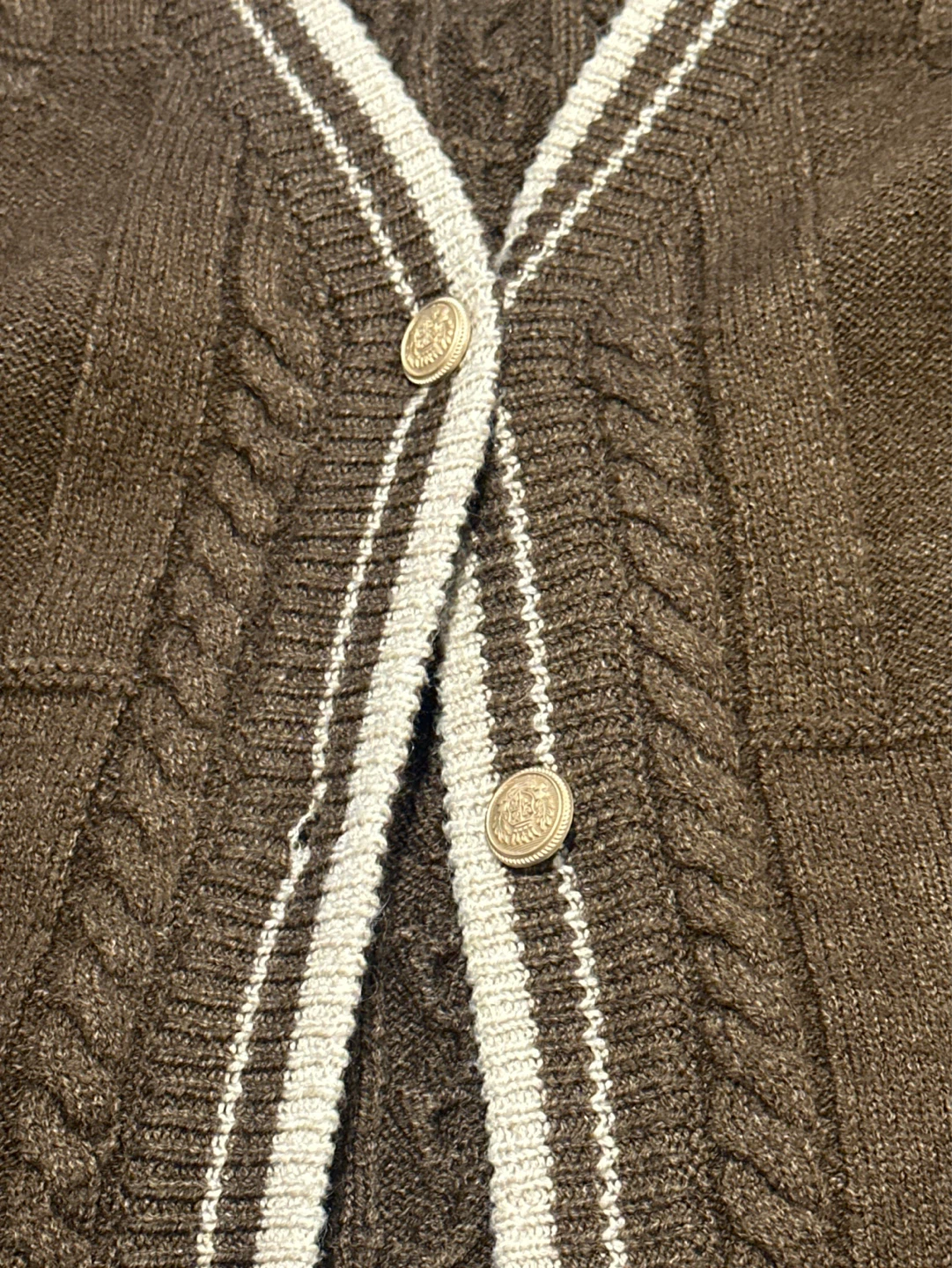 Brown Cable Knit Cardigan with White Trim - photo 2