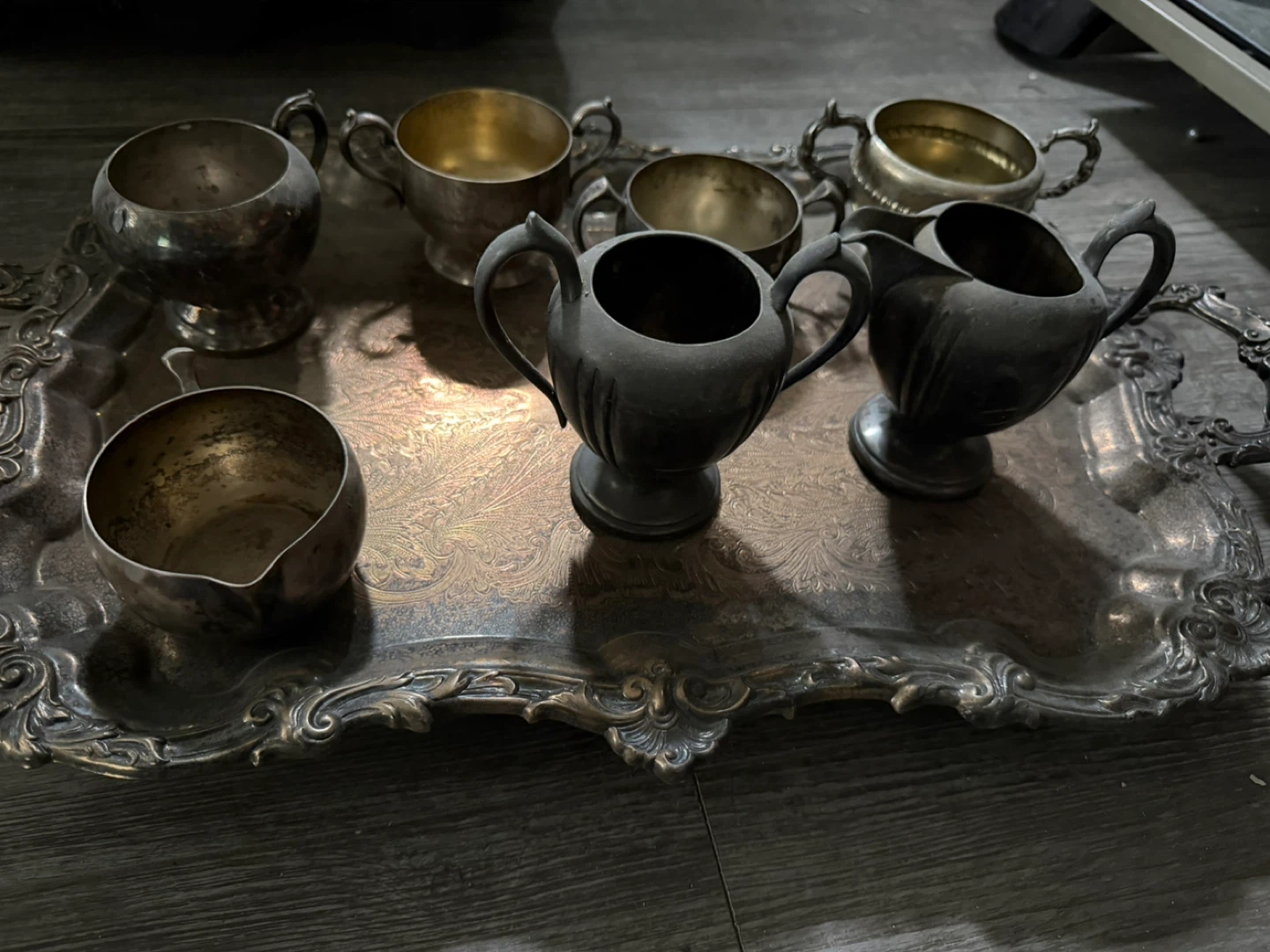 Vintage Silver Plated Tray with Sugar Bowl, Creamer, and Cups - photo 3