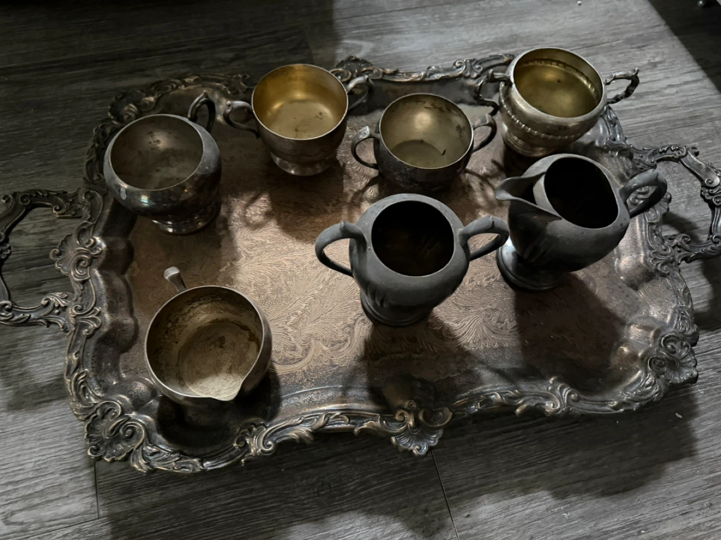 Vintage Silver Plated Tray with Sugar Bowl, Creamer, and Cups