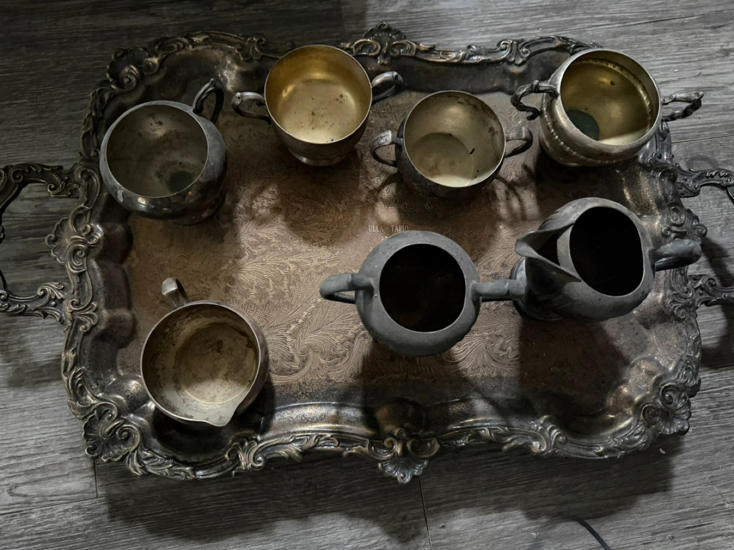 Vintage Silver Plated Tray with Sugar Bowl, Creamer, and Cups - photo 4