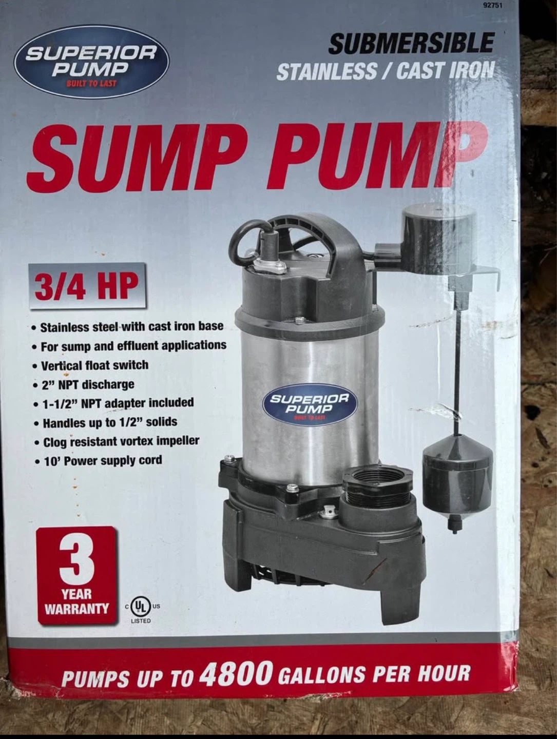 Superior Pump Submersible Sump Pump - 3/4 HP