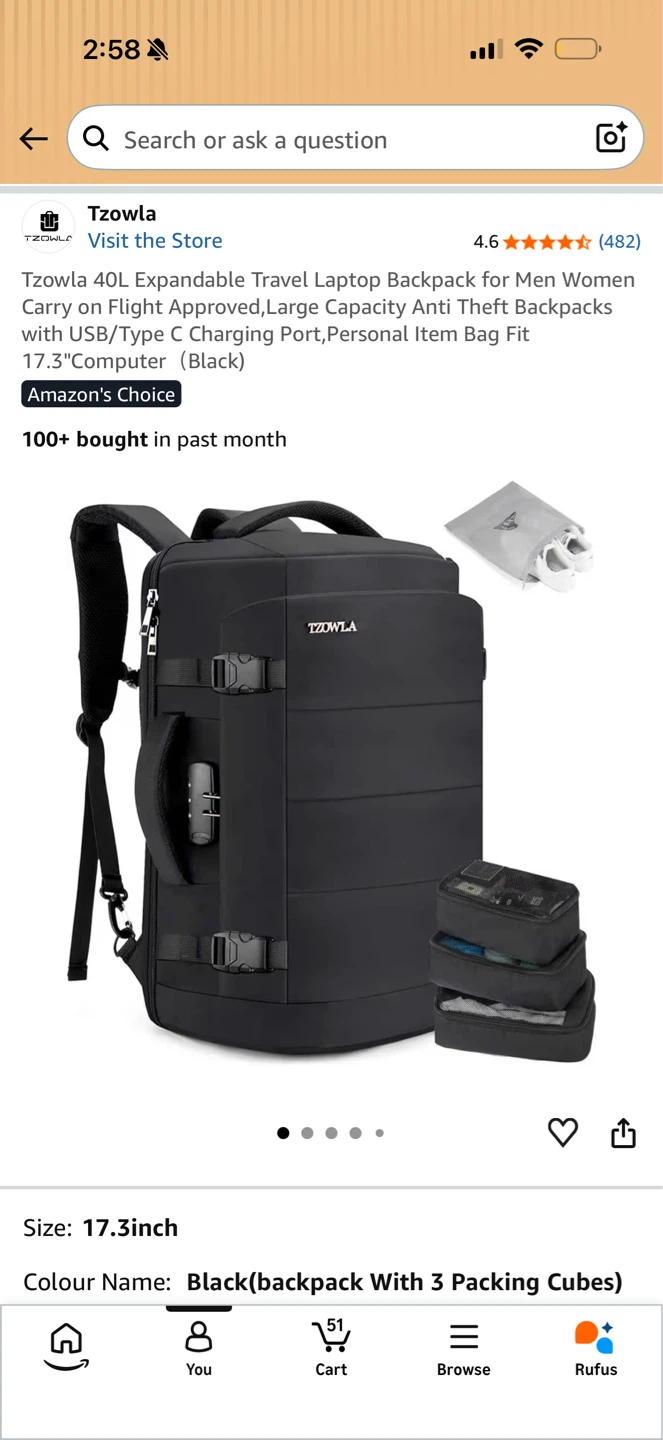 Tzowla 40L Expandable Travel Laptop Backpack