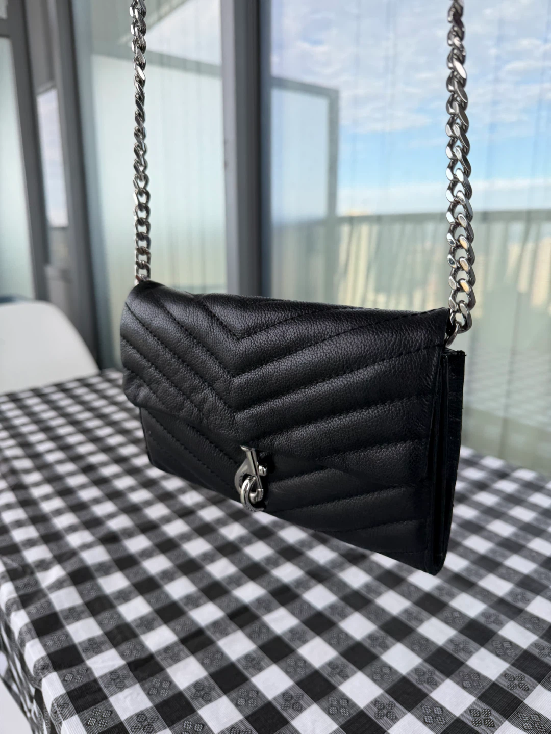 Rebecca Minkoff Black Leather Chevron Quilted Wallet on Chain