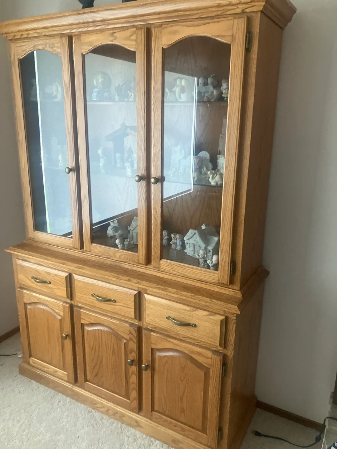 Oak China Cabinet Hutch with Glass Doors