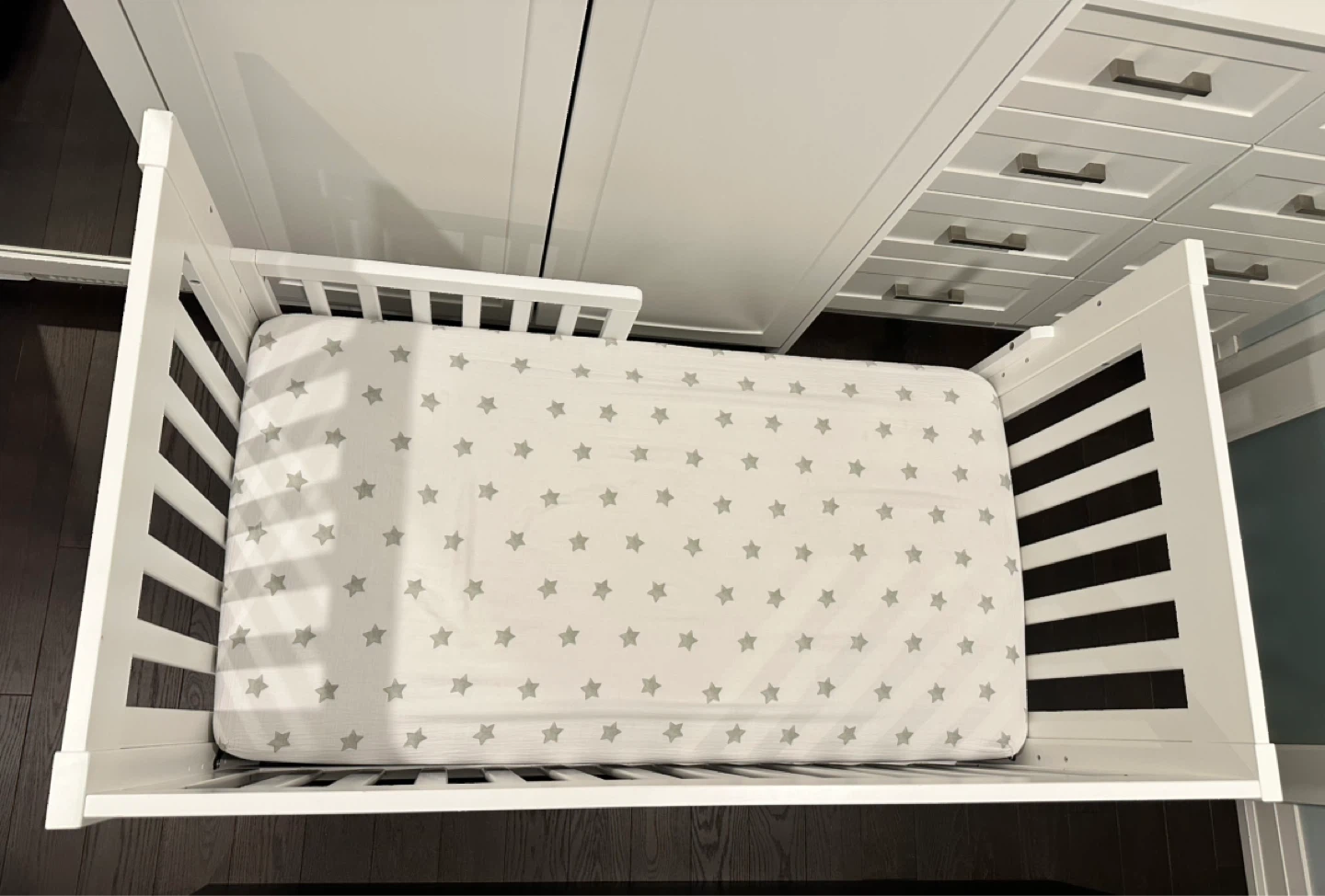 White Wooden Baby Crib + Mattress