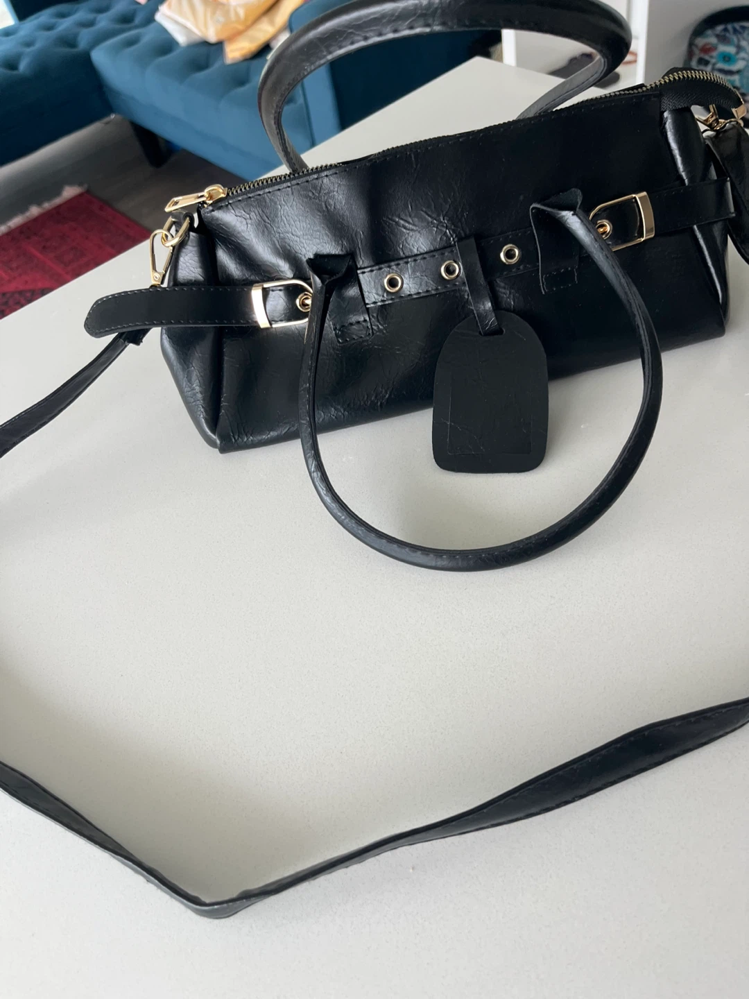 Black Faux Leather Handbag with Shoulder Strap