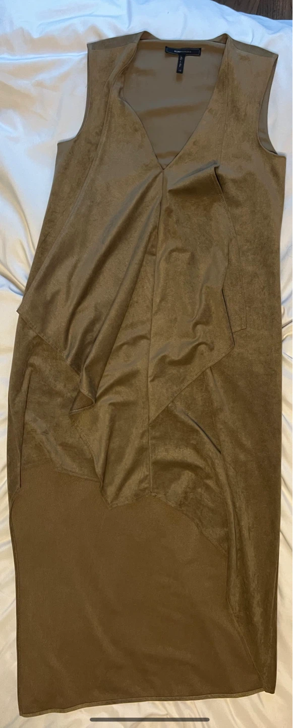 BCBGMAXAZRIA Taupe Suede Waterfall women’s dress