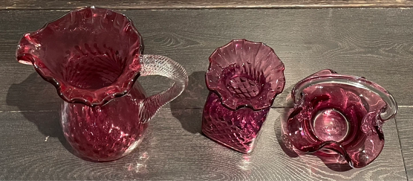 Amethyst Glass Pitcher, Vase, and Basket Set