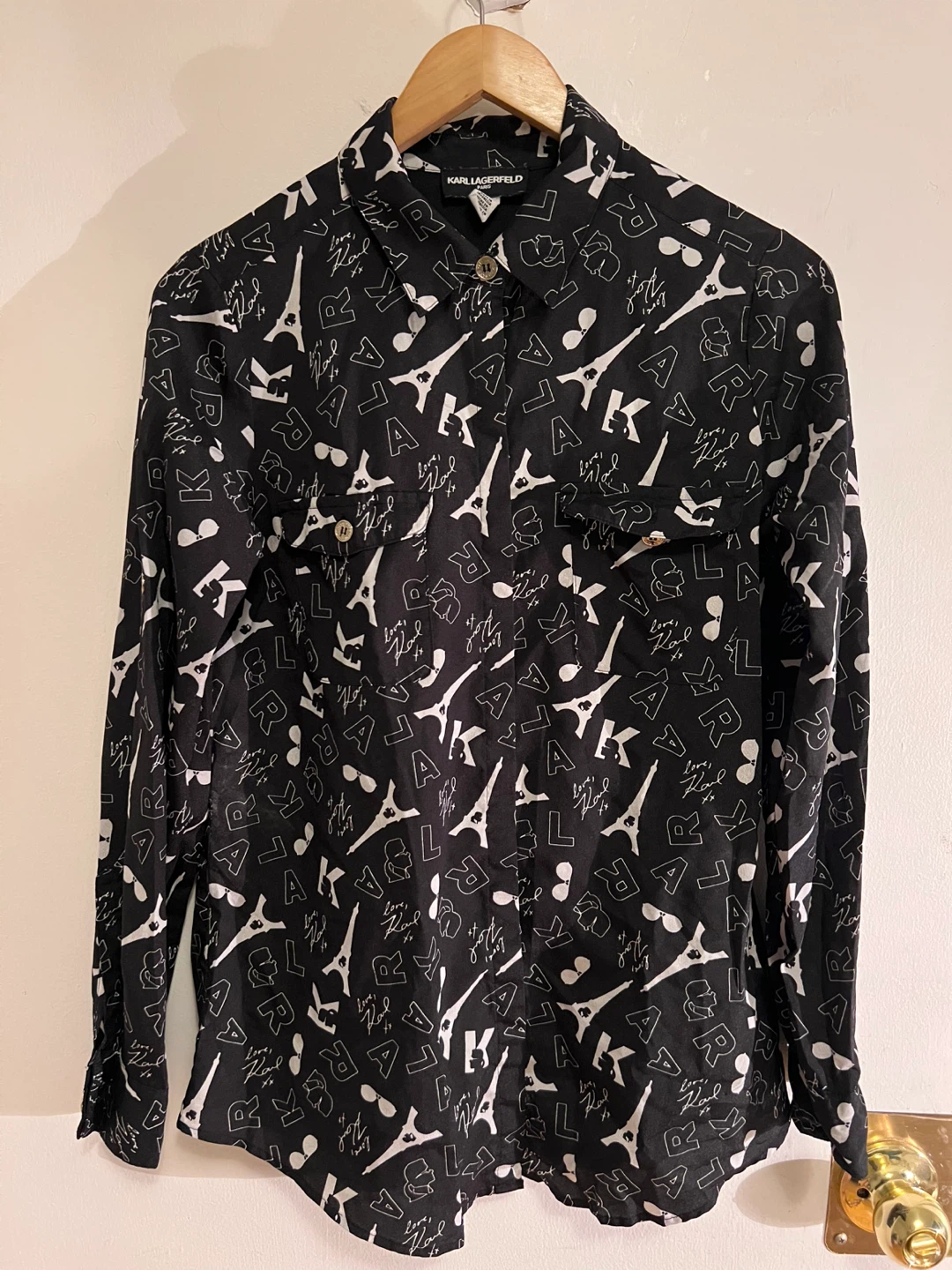 Karl Lagerfeld Paris Black Eiffel Tower Print Button-Up Shirt