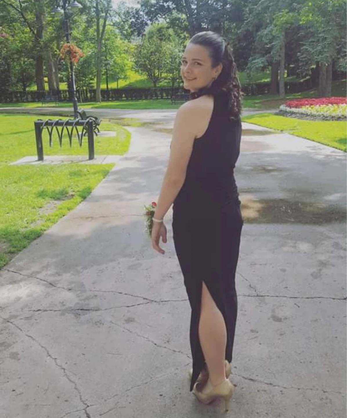Black Ruched Maxi Dress with High Slit