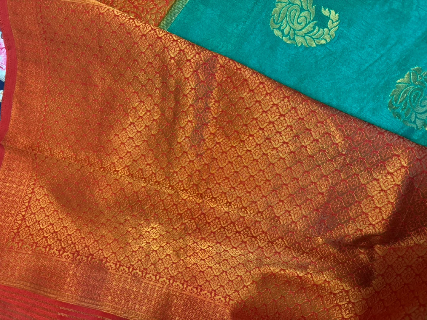 Teal and Orange Saree with Gold Paisley Design - photo 4