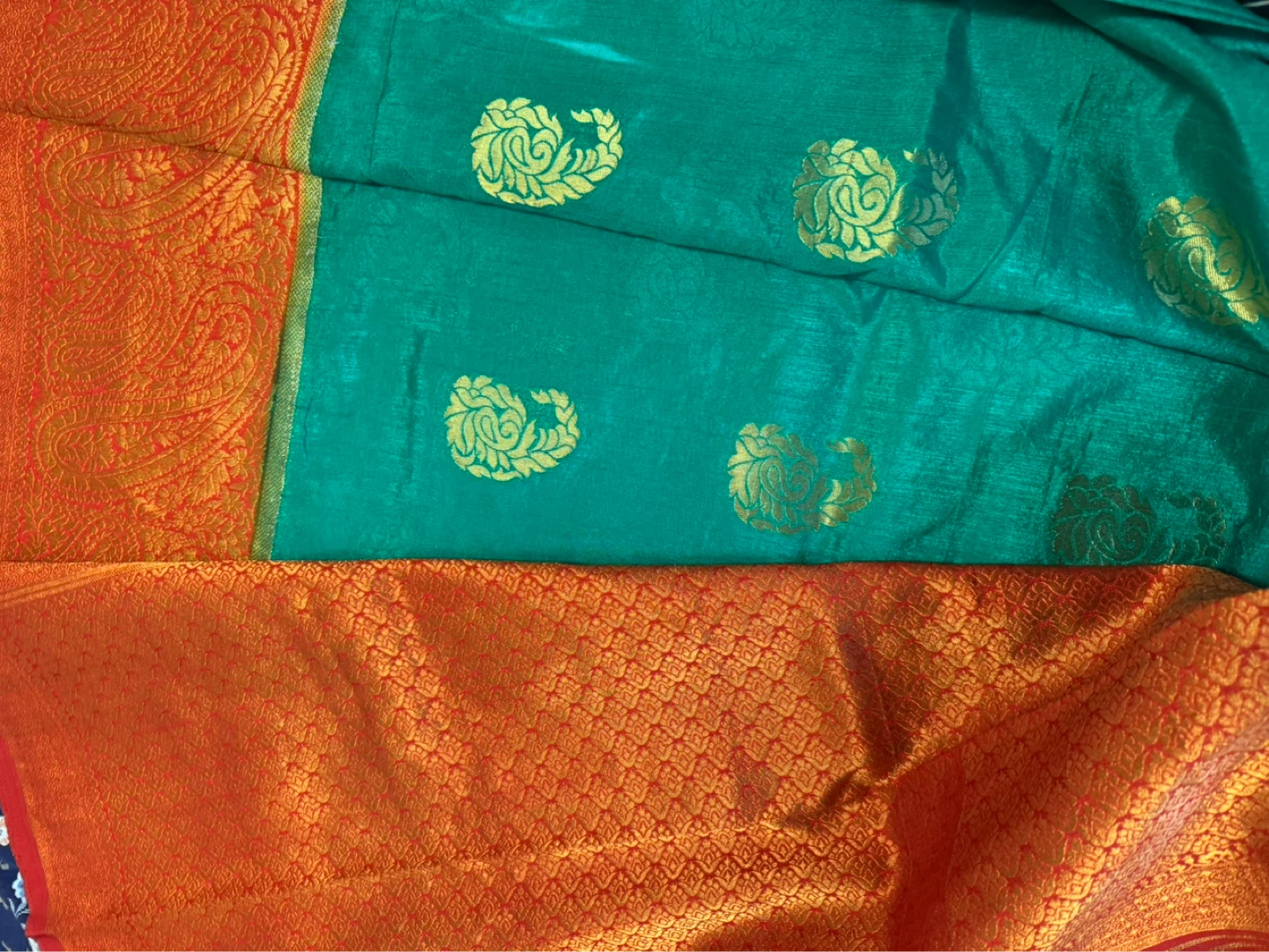 Teal and Orange Saree with Gold Paisley Design - photo 5