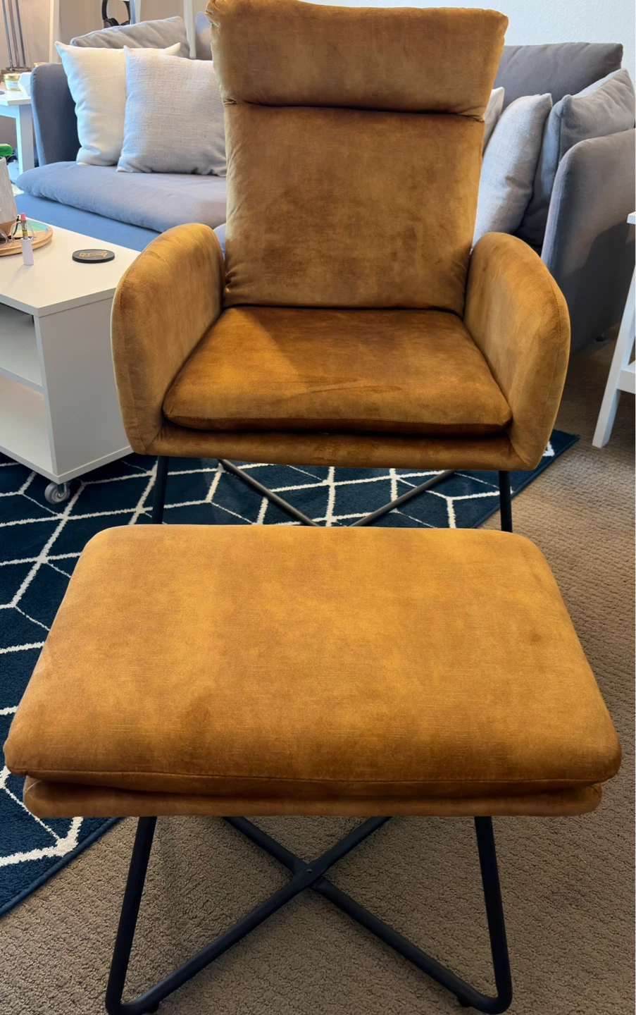 Velvet Accent Chair and Ottoman Set - Mustard Yellow - photo 3
