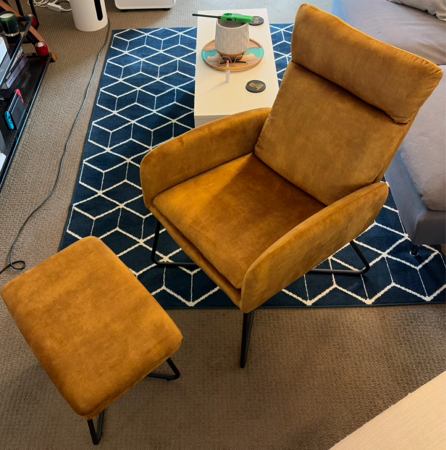 Velvet Accent Chair and Ottoman Set - Mustard Yellow