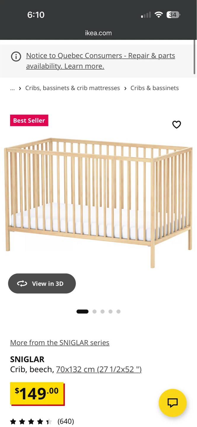 IKEA SNIGLAR Crib, Beech, 70x132 cm