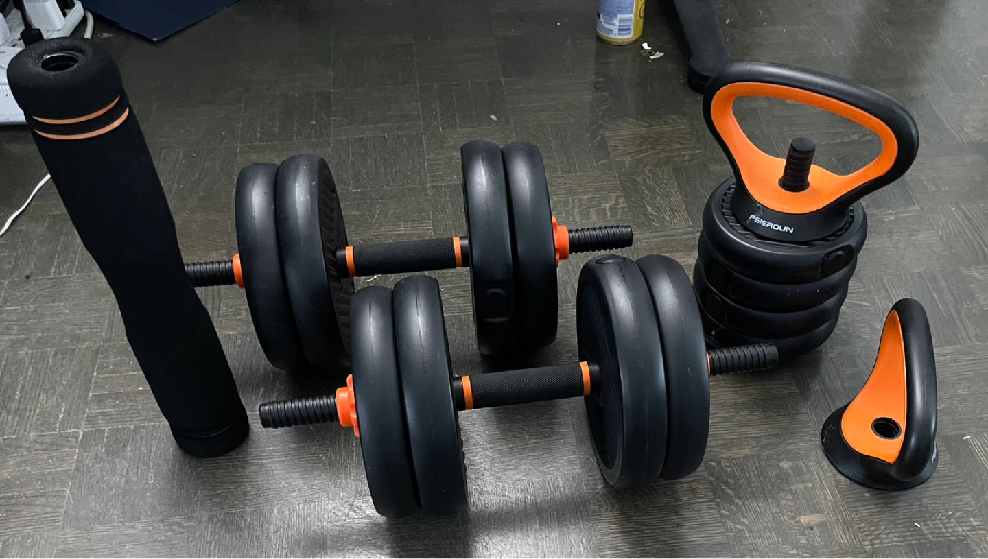 Adjustable Dumbbell Set with Barbell and Kettlebell Attachments