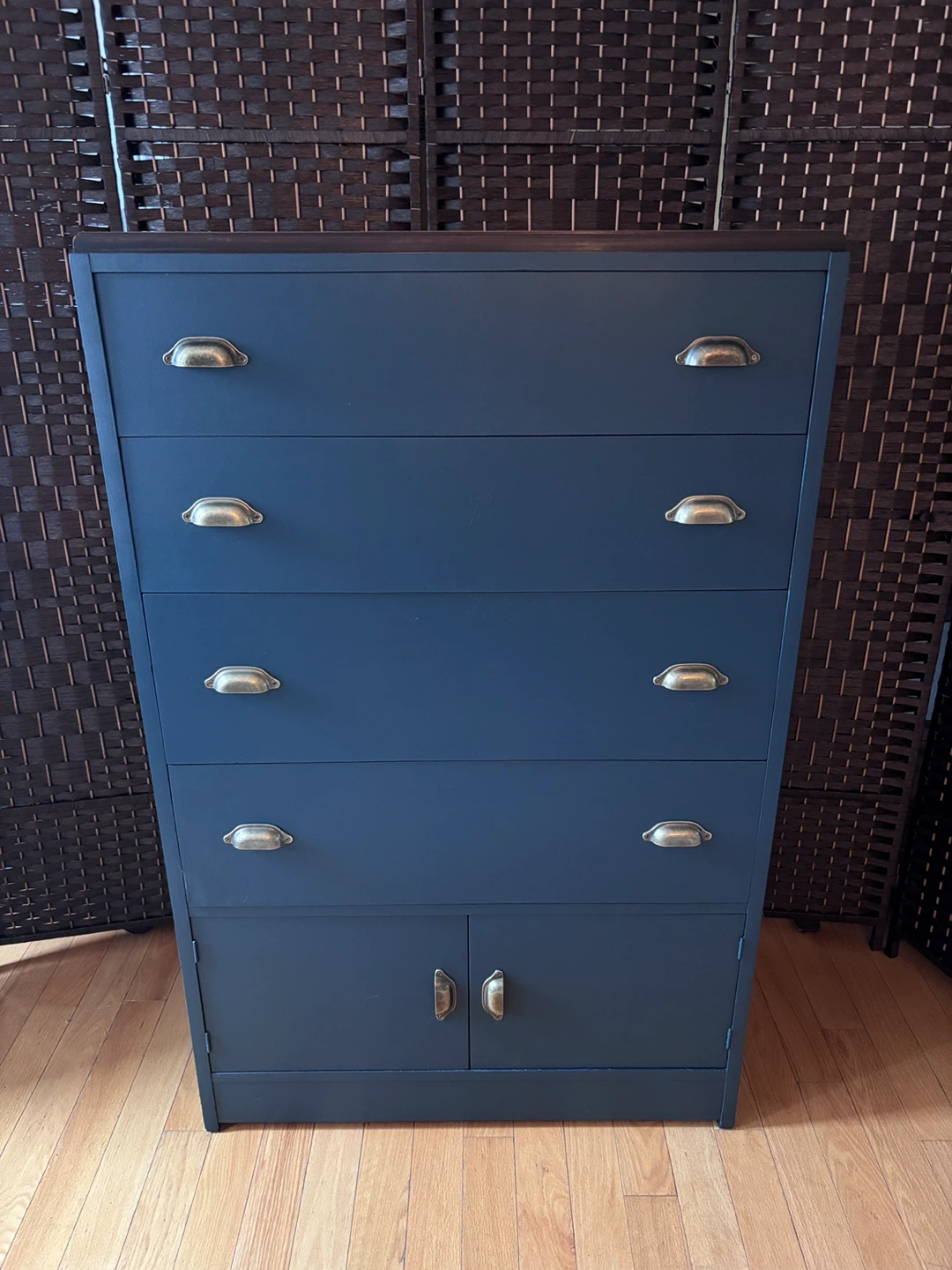 Blue Dresser with 5 Drawers and Cabinet Doors