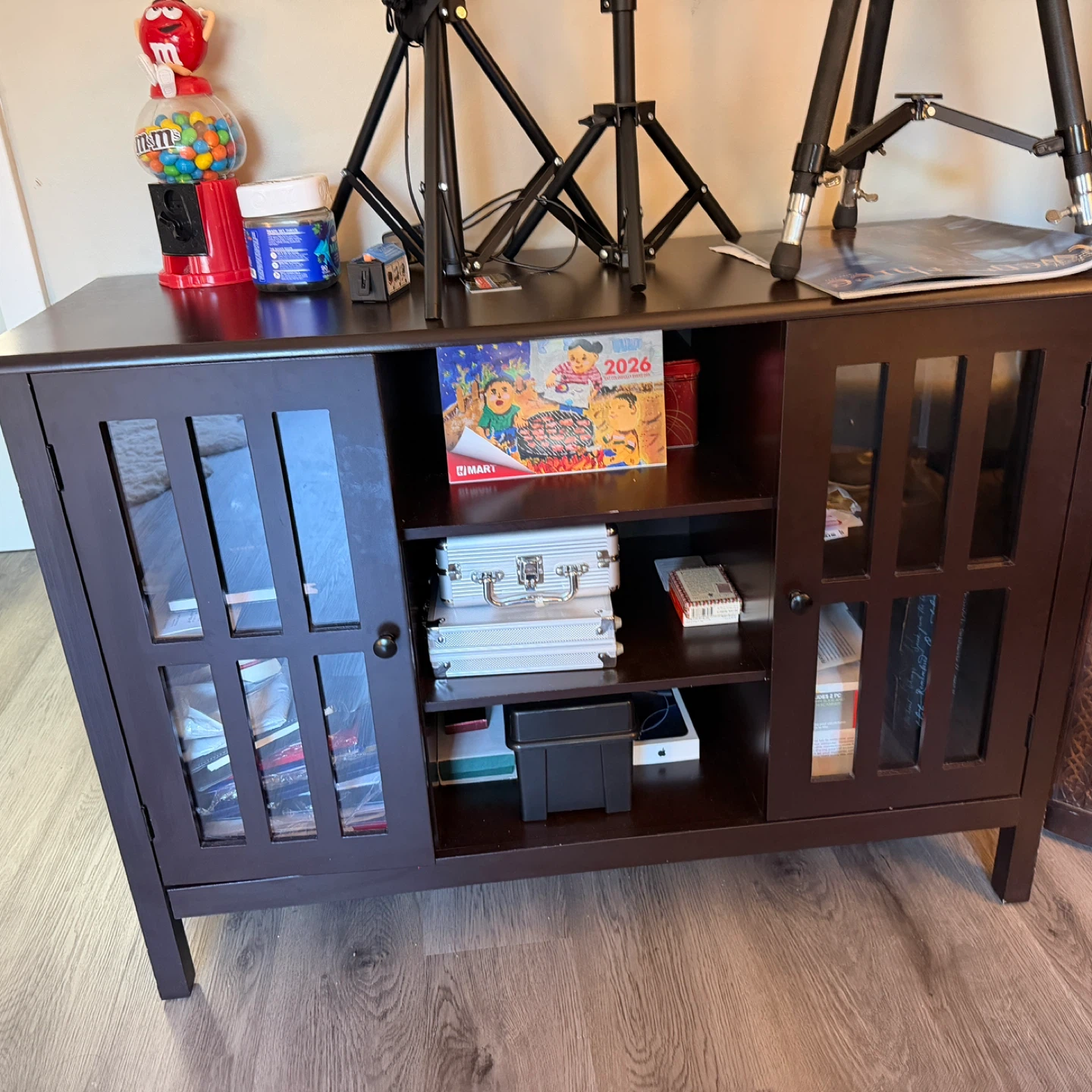 Dark Brown TV Stand/Media Console with Glass Doors
