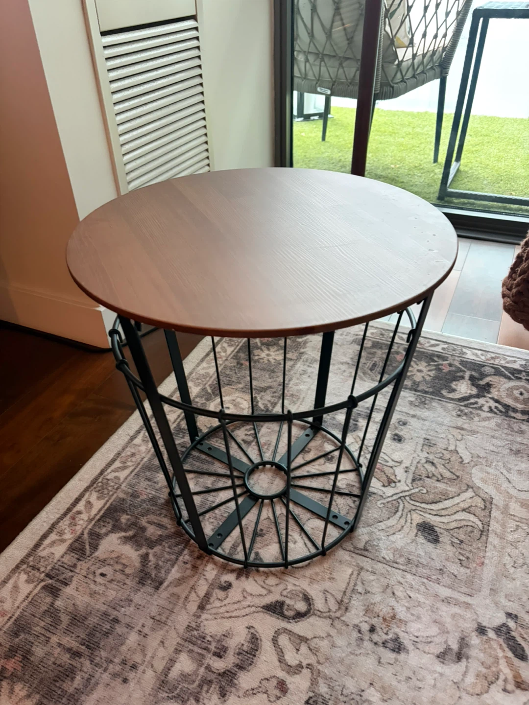 Round Wood Top Side Table with Black Metal Cage Base