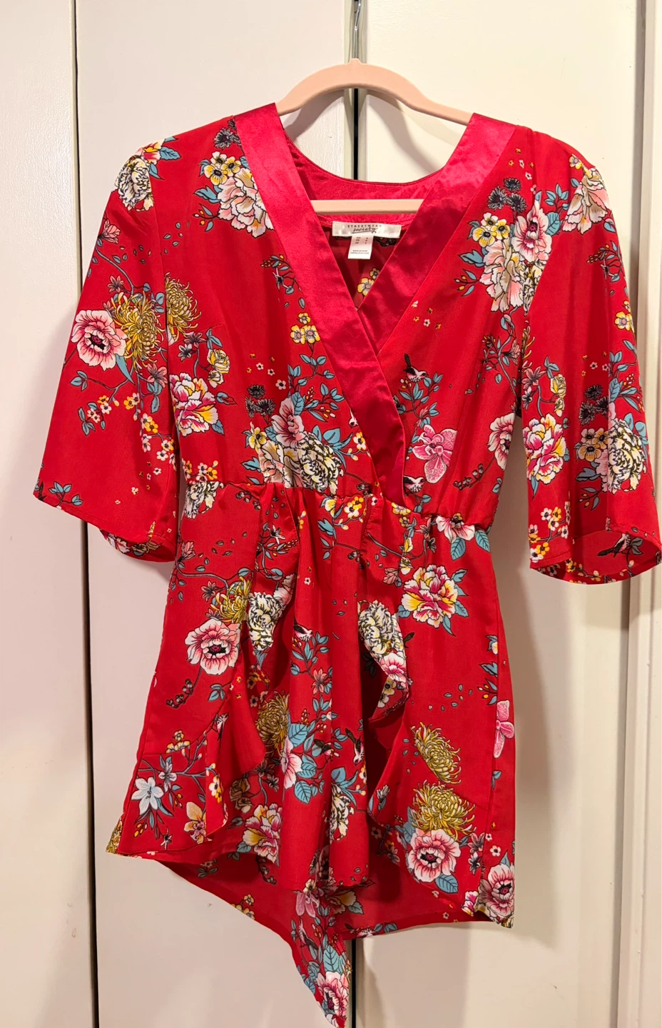 Red Floral Print Kimono Romper