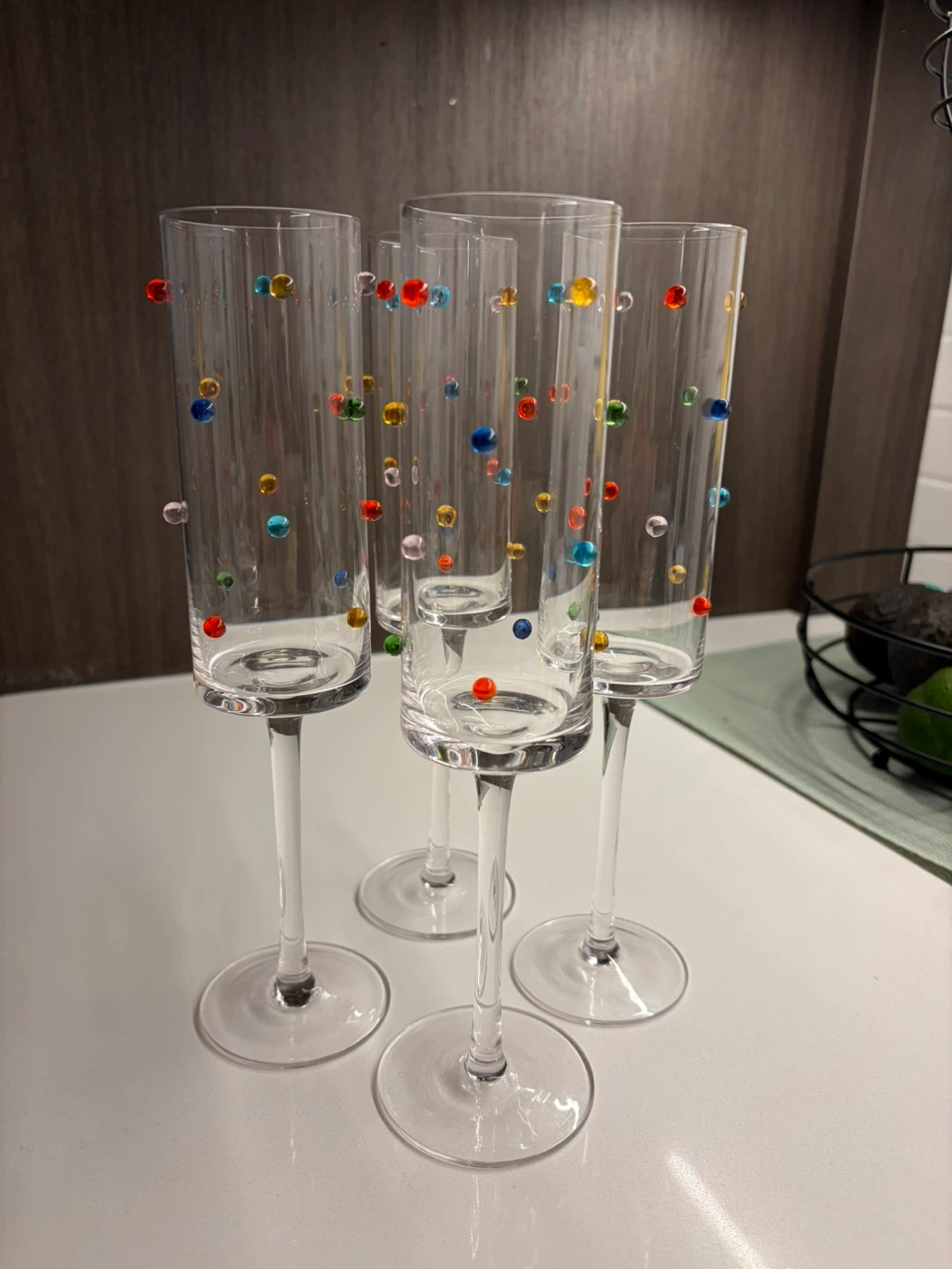 Set of 4 Clear Glass Flute Champagne Glasses with Colorful Beads