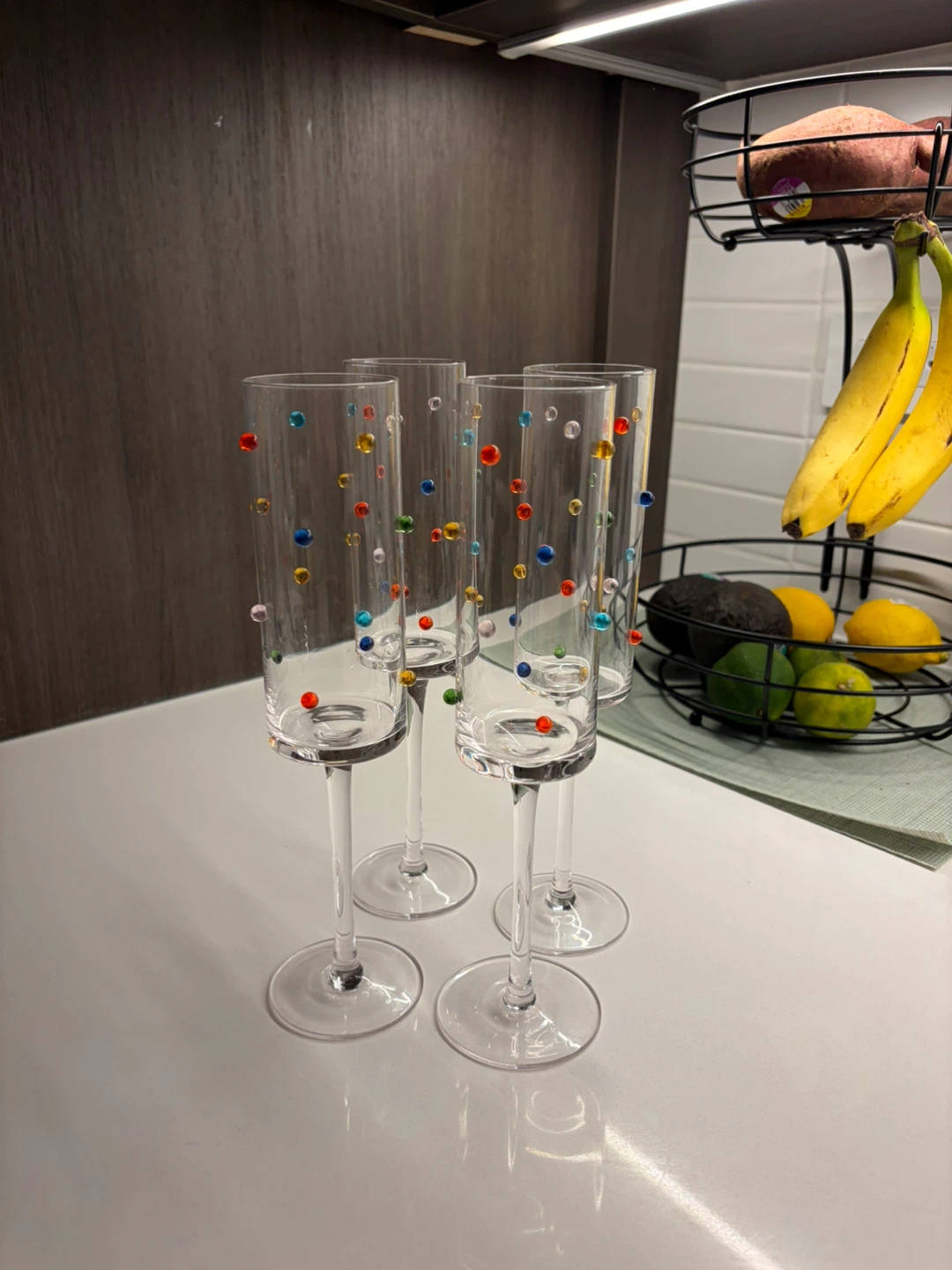 Set of 4 Clear Glass Flute Champagne Glasses with Colorful Beads - photo 2