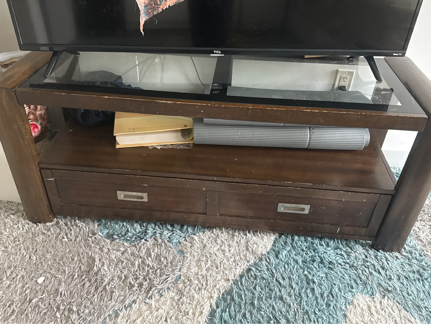Brown Wood TV Stand with Glass Top