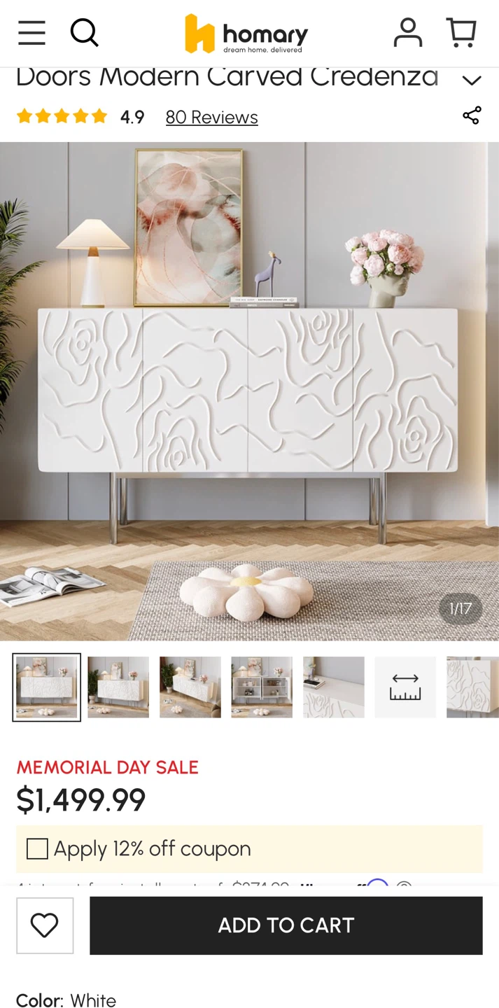 Homary Modern White Carved Credenza - photo 2