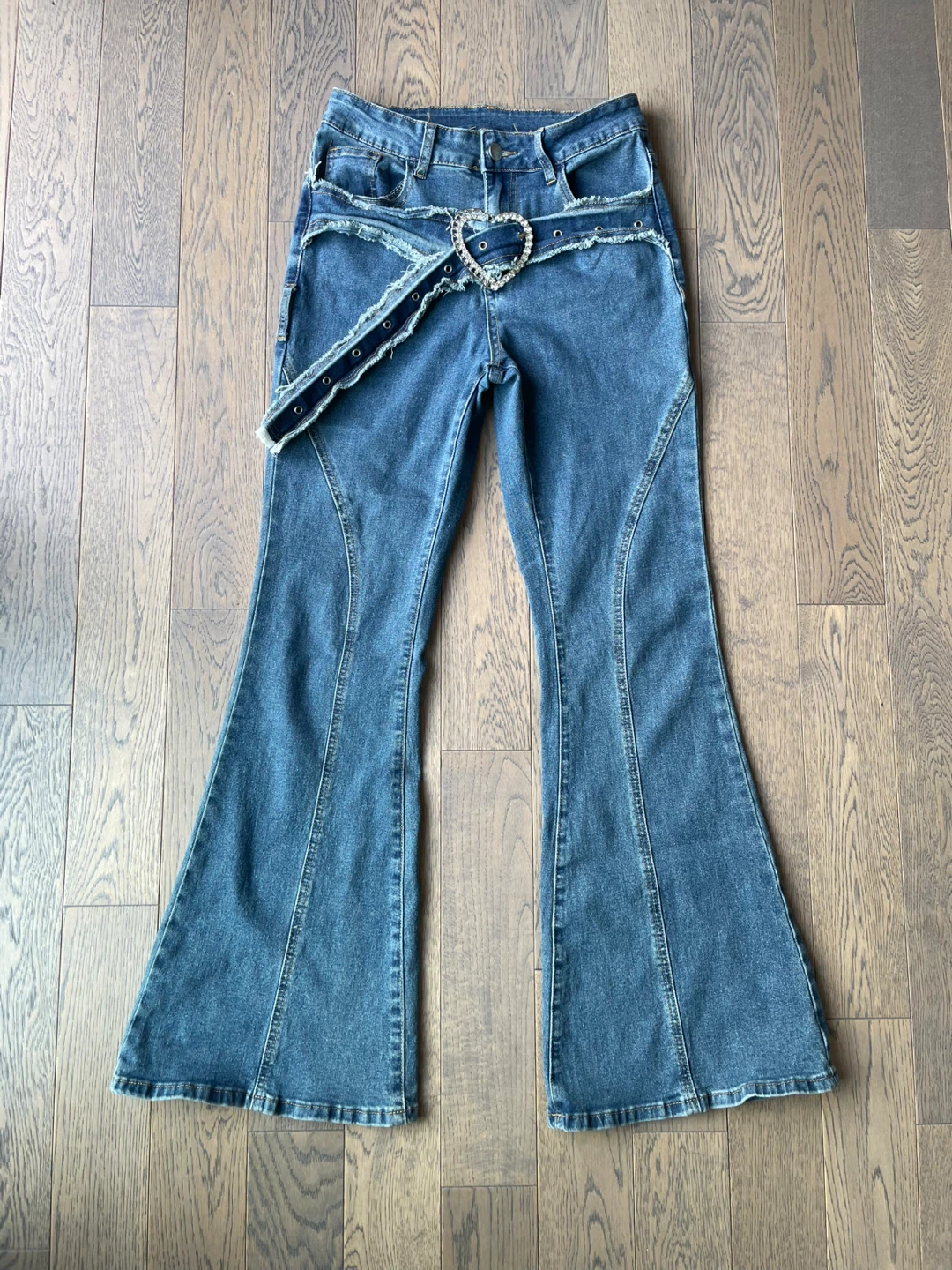 Women's Bell Bottom Jeans with Heart Buckle Belt