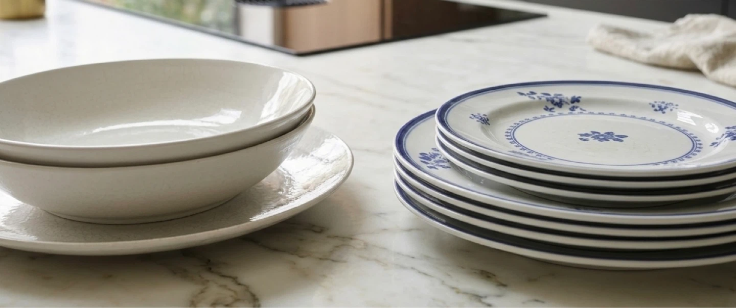 White ceramic bowls and blue floral plates set