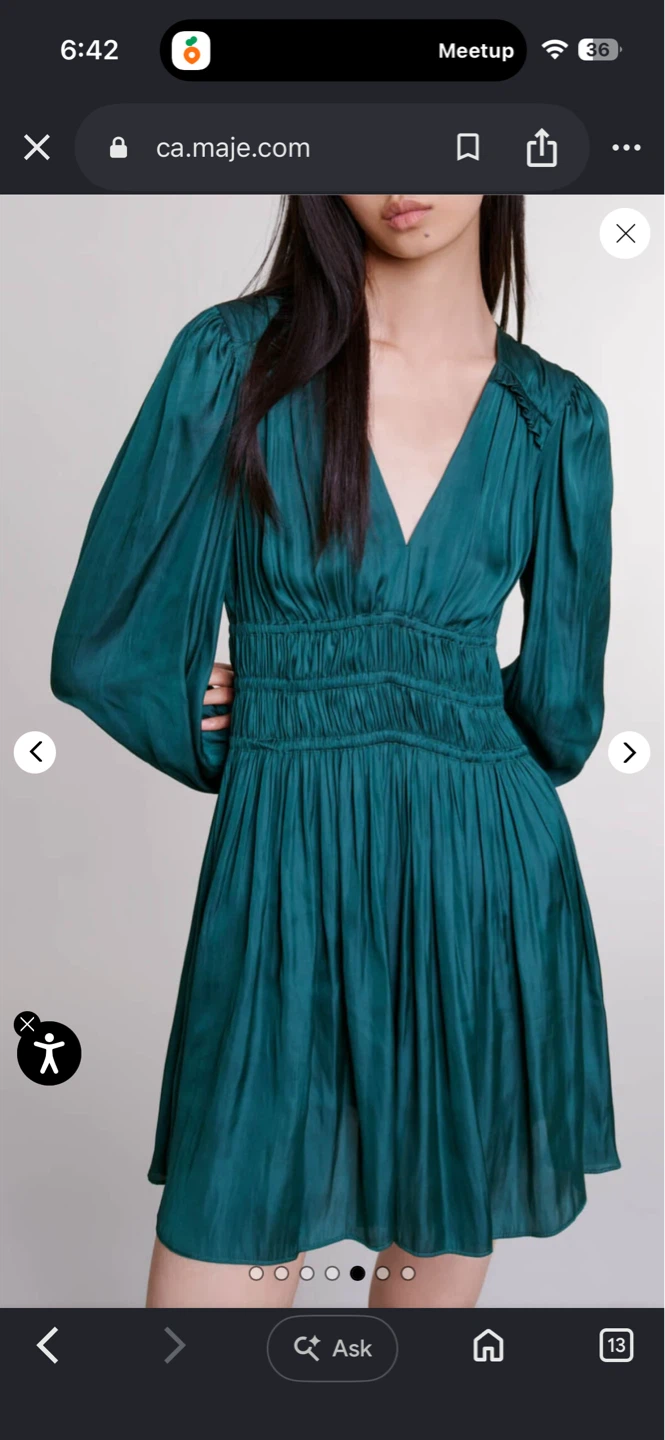 Maje Green V-Neck Smocked Waist Dress