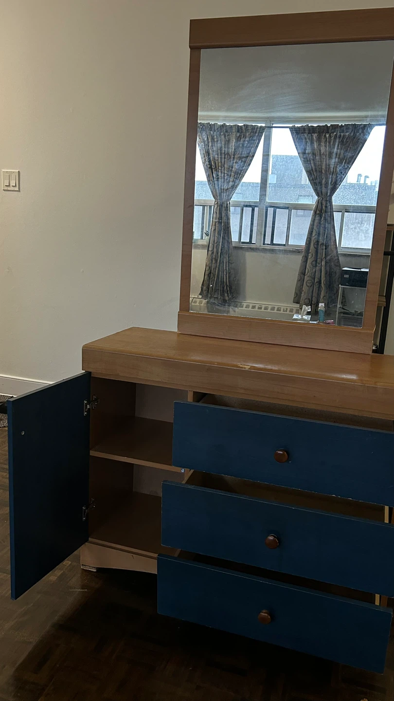 Wooden dresser with navy blue drawers and cabinet - photo 3